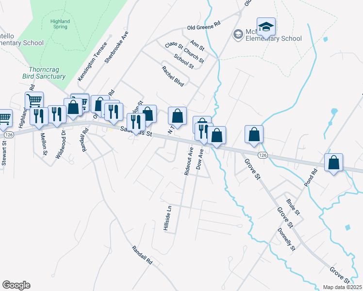 map of restaurants, bars, coffee shops, grocery stores, and more near 7 Rideout Avenue in Lewiston