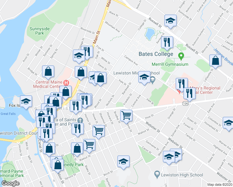 map of restaurants, bars, coffee shops, grocery stores, and more near 32 Bardwell Street in Lewiston
