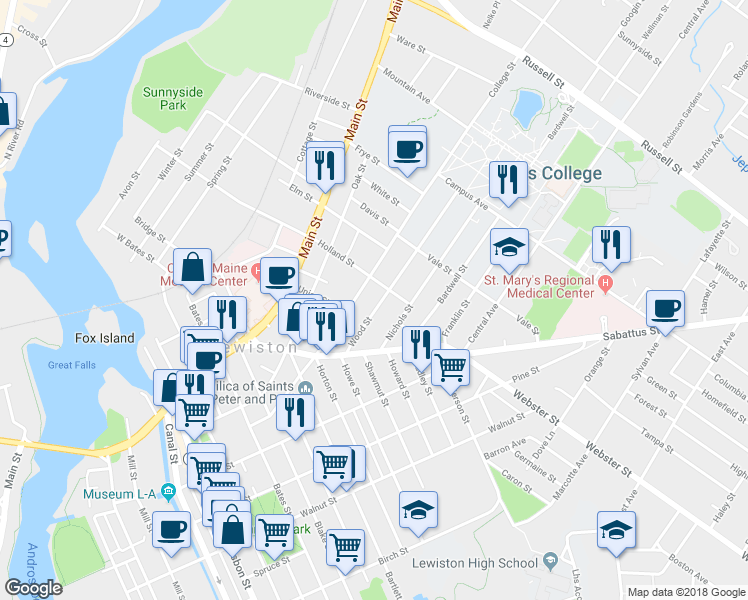 map of restaurants, bars, coffee shops, grocery stores, and more near 51 Wood Street in Lewiston