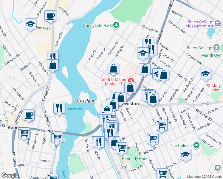 map of restaurants, bars, coffee shops, grocery stores, and more near 38 Middle Street in Lewiston