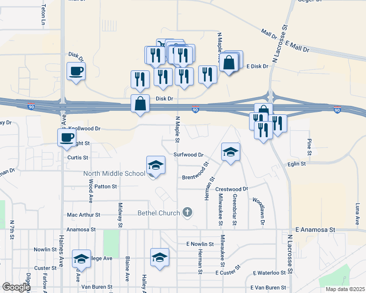 map of restaurants, bars, coffee shops, grocery stores, and more near 100 Surfwood Drive in Rapid City