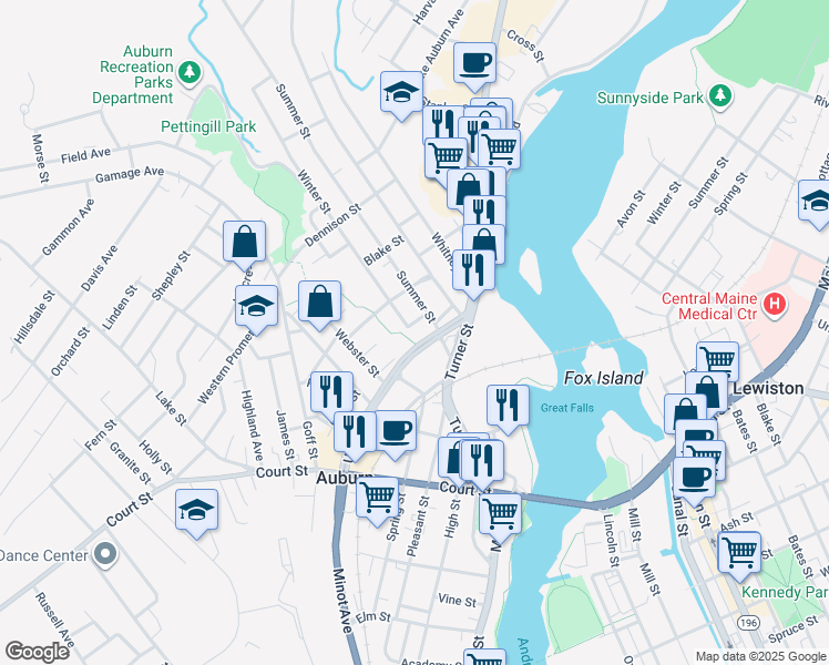 map of restaurants, bars, coffee shops, grocery stores, and more near 16 Wood Street in Auburn
