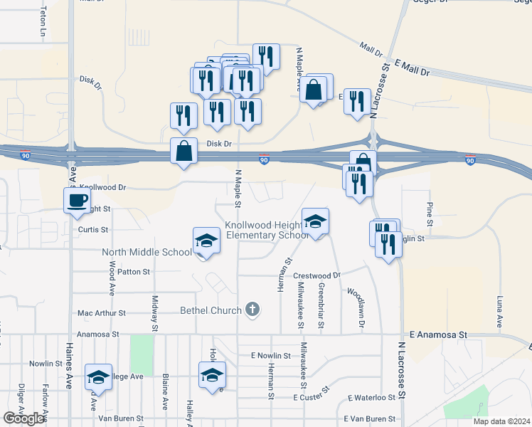 map of restaurants, bars, coffee shops, grocery stores, and more near 100 Surfwood Drive in Rapid City