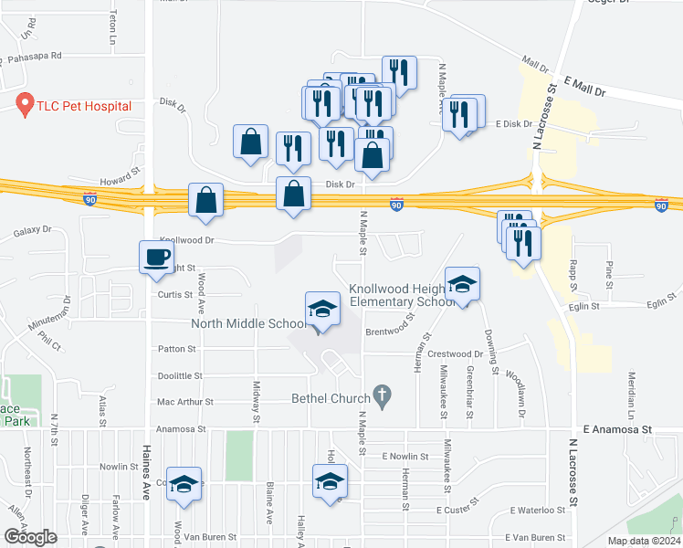 map of restaurants, bars, coffee shops, grocery stores, and more near 30 Surfwood Drive in Rapid City