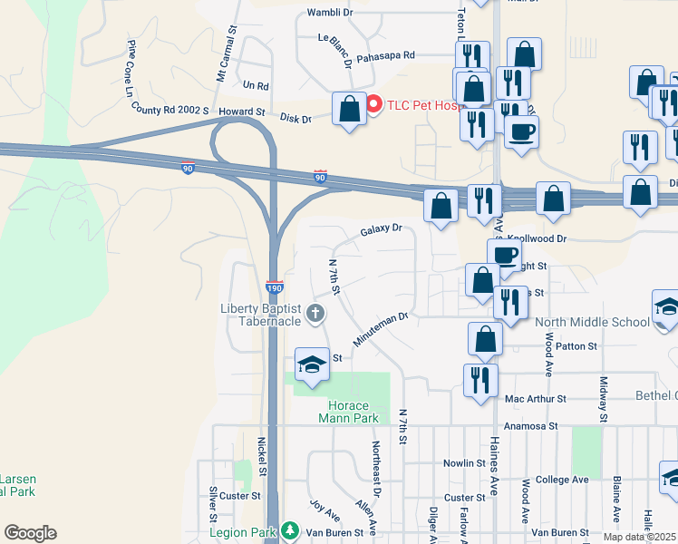 map of restaurants, bars, coffee shops, grocery stores, and more near 1720 North 7th Street in Rapid City