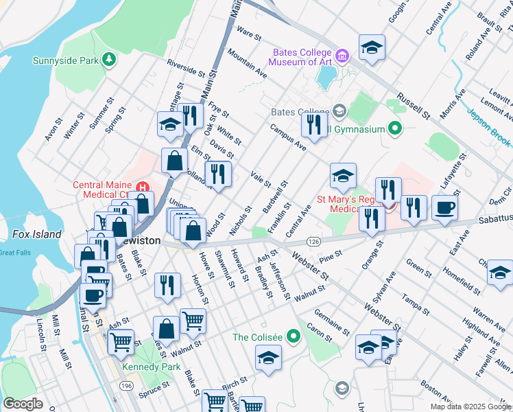 map of restaurants, bars, coffee shops, grocery stores, and more near 32 Bardwell Street in Lewiston