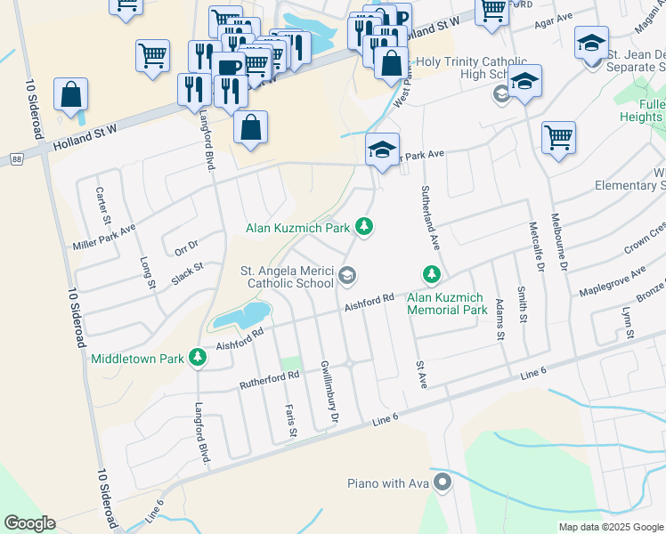 map of restaurants, bars, coffee shops, grocery stores, and more near 9 Bradford Street in Bradford West Gwillimbury
