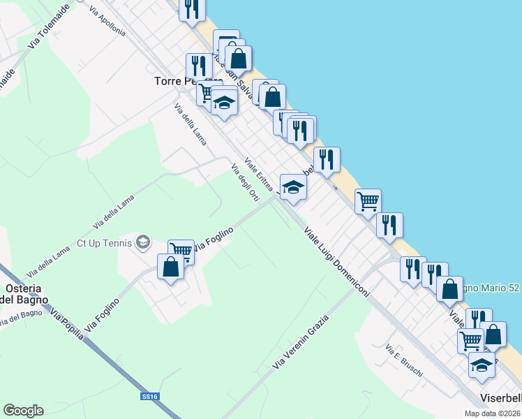 map of restaurants, bars, coffee shops, grocery stores, and more near 43 Viale Gebel in Rimini