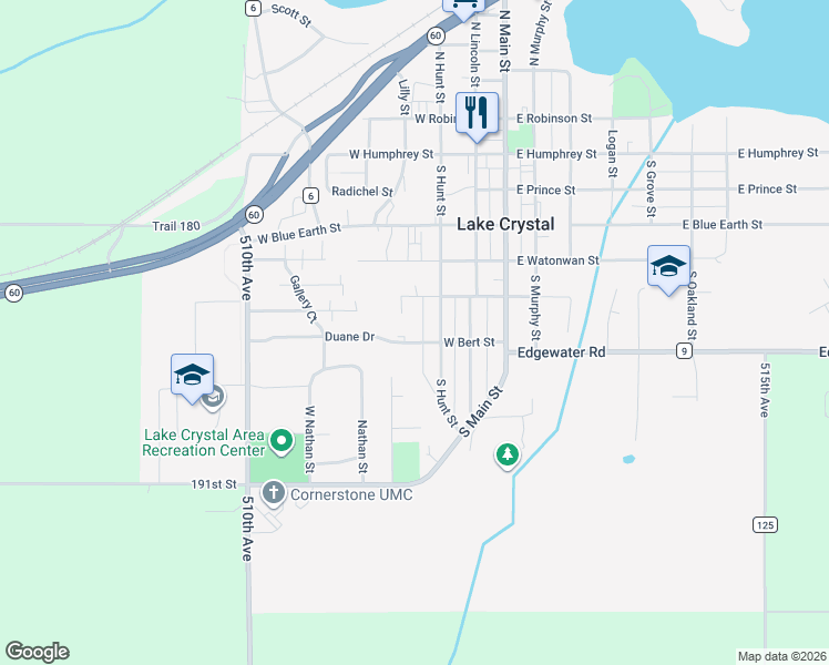 map of restaurants, bars, coffee shops, grocery stores, and more near 310 West Bert Street in Lake Crystal