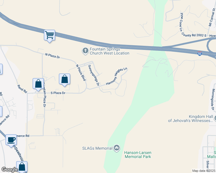 map of restaurants, bars, coffee shops, grocery stores, and more near 1881 Harmony Heights Lane in Rapid City
