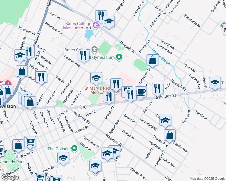 map of restaurants, bars, coffee shops, grocery stores, and more near 93 Campus Avenue in Lewiston