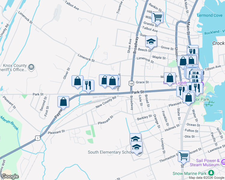 map of restaurants, bars, coffee shops, grocery stores, and more near 24 Highland Street in Rockland