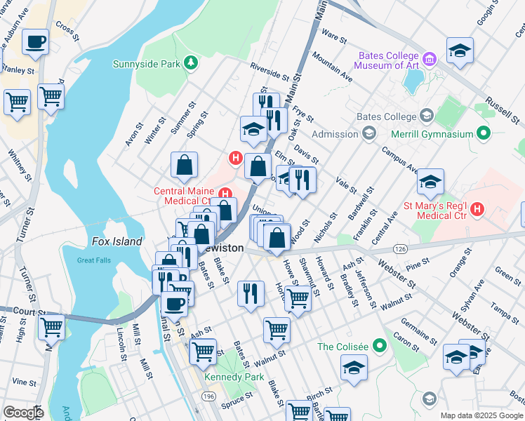 map of restaurants, bars, coffee shops, grocery stores, and more near Oak Street in Lewiston