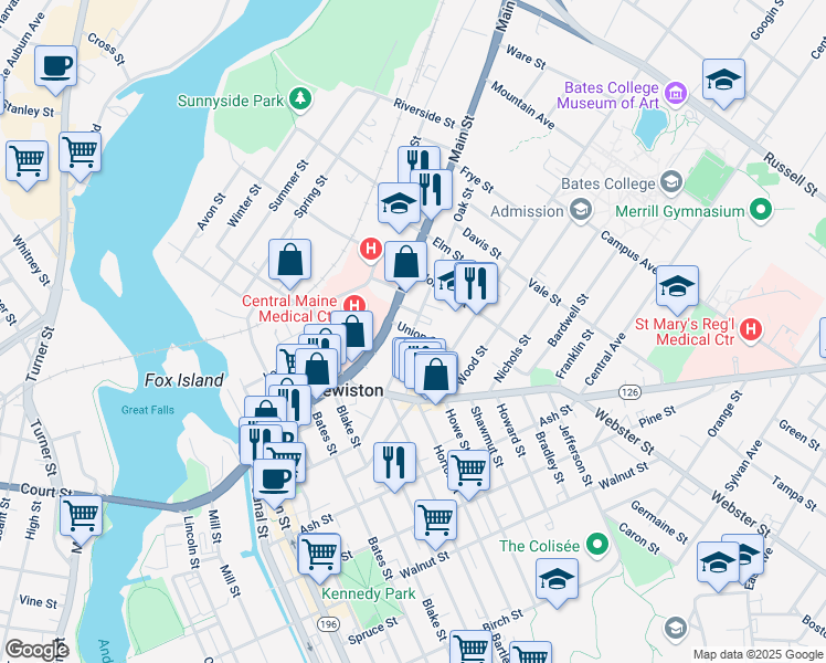 map of restaurants, bars, coffee shops, grocery stores, and more near 9 Union Street in Lewiston