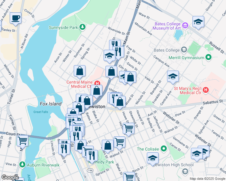 map of restaurants, bars, coffee shops, grocery stores, and more near Oak Street in Lewiston