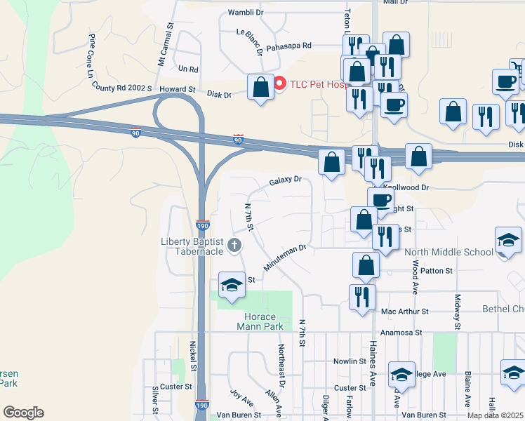 map of restaurants, bars, coffee shops, grocery stores, and more near 1720 North 7th Street in Rapid City