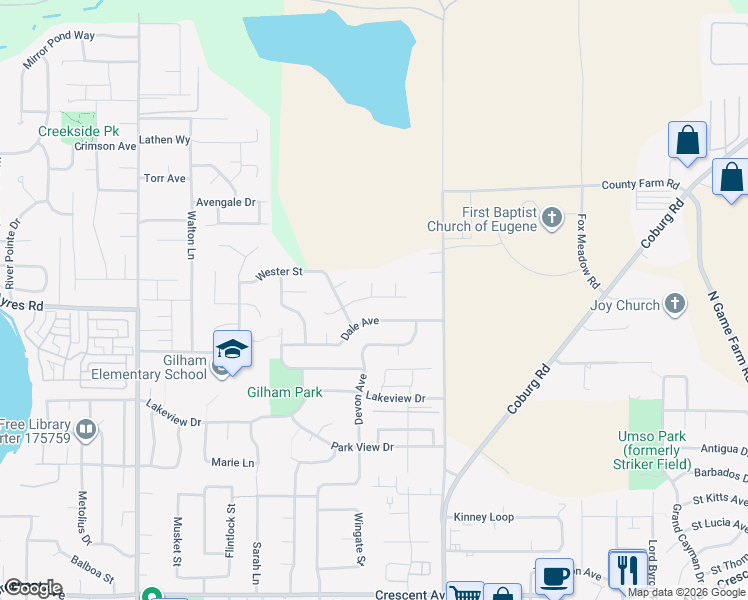 map of restaurants, bars, coffee shops, grocery stores, and more near 2445 Dale Avenue in Eugene