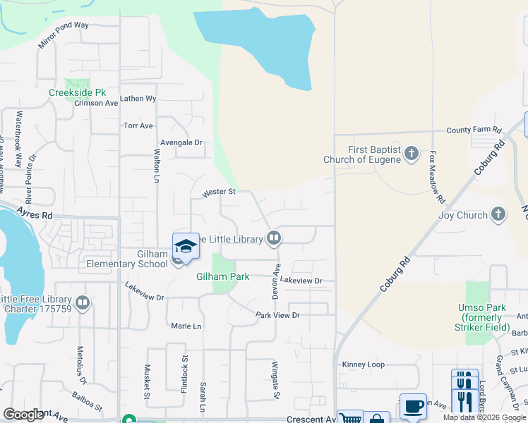 map of restaurants, bars, coffee shops, grocery stores, and more near 3194 Downing Street in Eugene