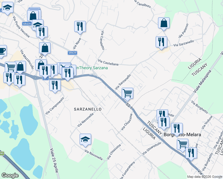 map of restaurants, bars, coffee shops, grocery stores, and more near 3 Via Navonella in Sarzana