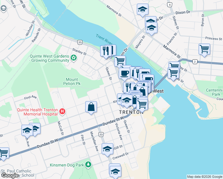 map of restaurants, bars, coffee shops, grocery stores, and more near 172 Queen Street in Quinte West