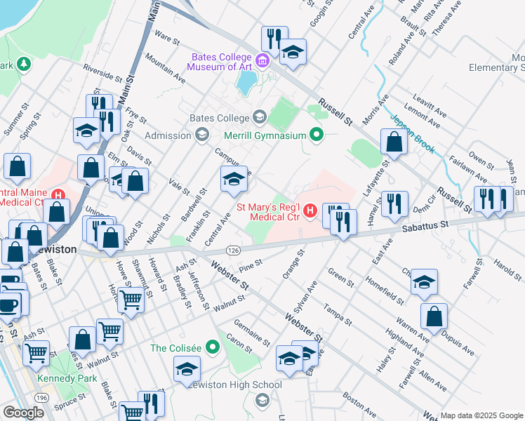 map of restaurants, bars, coffee shops, grocery stores, and more near 75 Central Avenue in Lewiston