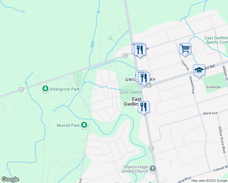 map of restaurants, bars, coffee shops, grocery stores, and more near 1 Walter Proctor Road in East Gwillimbury