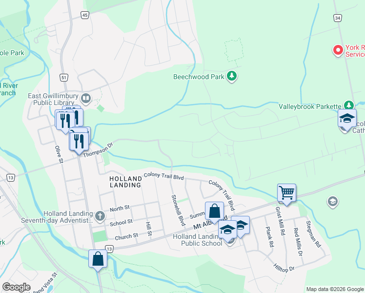 map of restaurants, bars, coffee shops, grocery stores, and more near 173 Thompson Drive in East Gwillimbury