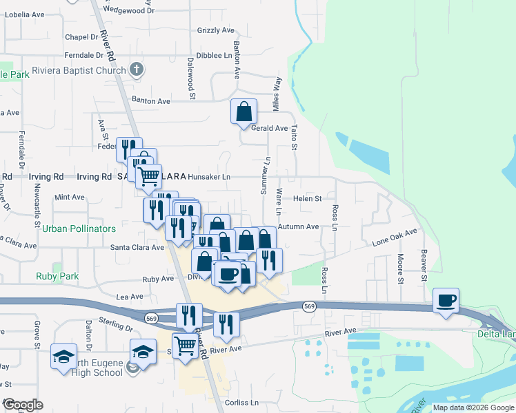 map of restaurants, bars, coffee shops, grocery stores, and more near 2606 Summer Lane in Eugene