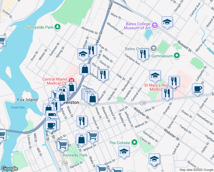 map of restaurants, bars, coffee shops, grocery stores, and more near 51 Wood Street in Lewiston