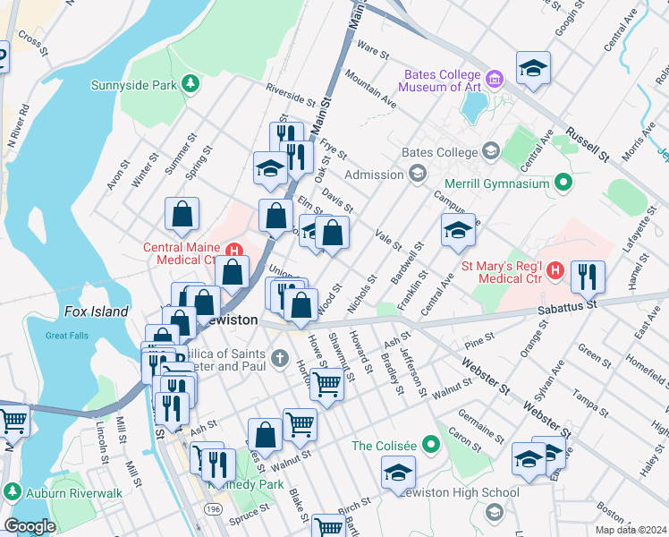 map of restaurants, bars, coffee shops, grocery stores, and more near 51 Wood Street in Lewiston