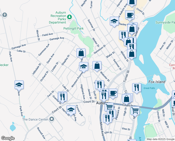 map of restaurants, bars, coffee shops, grocery stores, and more near 27 Charles Street in Auburn