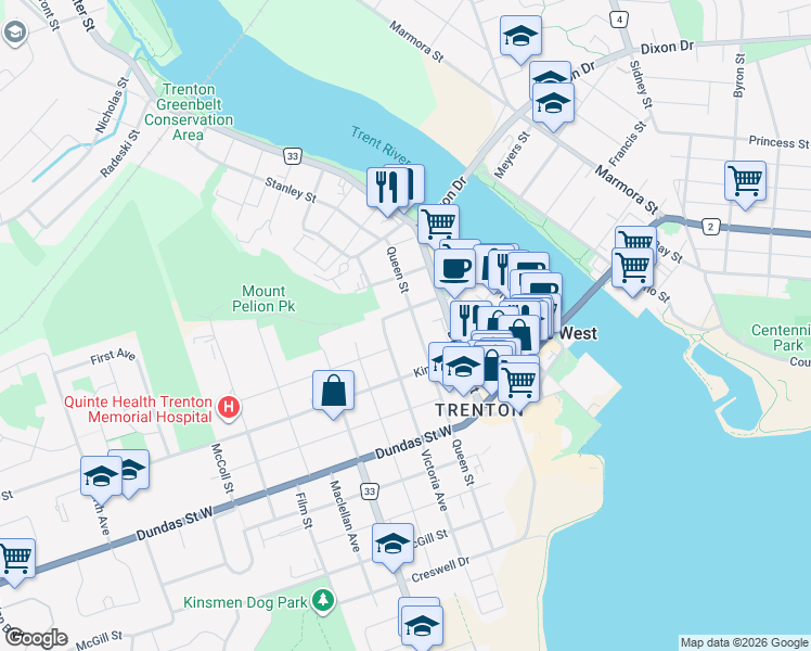 map of restaurants, bars, coffee shops, grocery stores, and more near in Quinte West