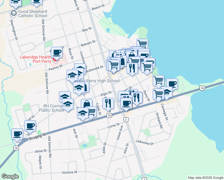 map of restaurants, bars, coffee shops, grocery stores, and more near 15154 Durham Regional Road 2 in Port Perry