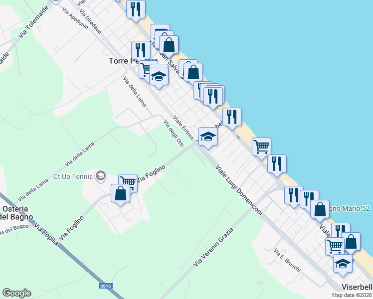 map of restaurants, bars, coffee shops, grocery stores, and more near 43 Viale Gebel in Rimini