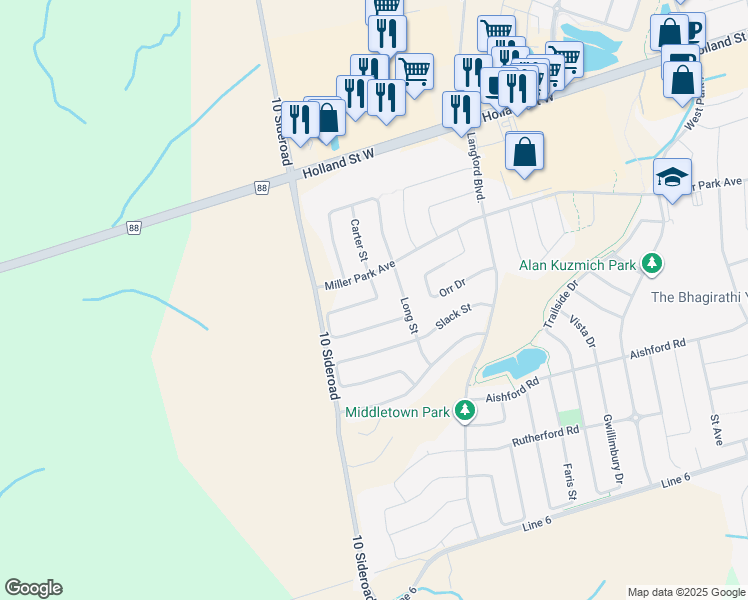 map of restaurants, bars, coffee shops, grocery stores, and more near Richardson Crescent in Bradford West Gwillimbury