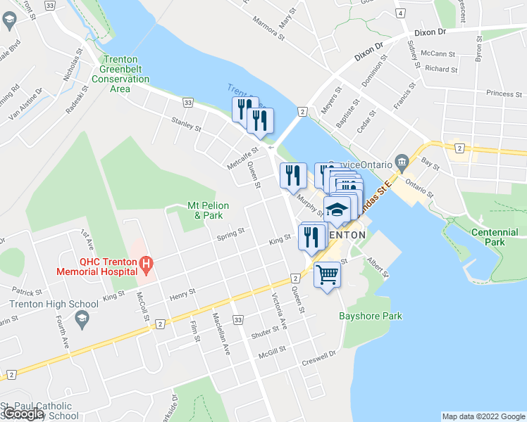 map of restaurants, bars, coffee shops, grocery stores, and more near 174 Queen Street in Quinte West