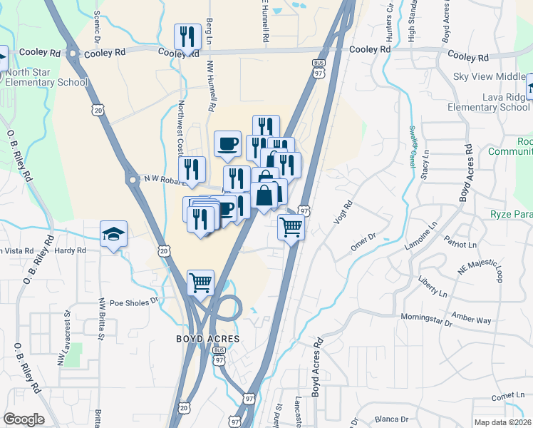 map of restaurants, bars, coffee shops, grocery stores, and more near 20525 Robal Road in Bend