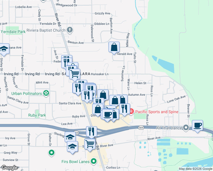 map of restaurants, bars, coffee shops, grocery stores, and more near 2750 West Lone Oak Loop in Eugene