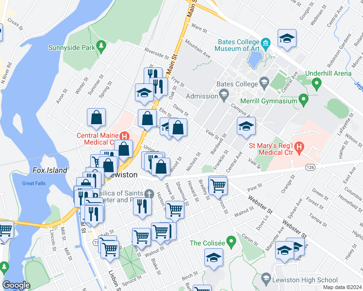 map of restaurants, bars, coffee shops, grocery stores, and more near 51 Wood Street in Lewiston
