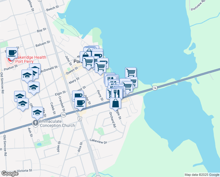 map of restaurants, bars, coffee shops, grocery stores, and more near 28 Water Street in Port Perry