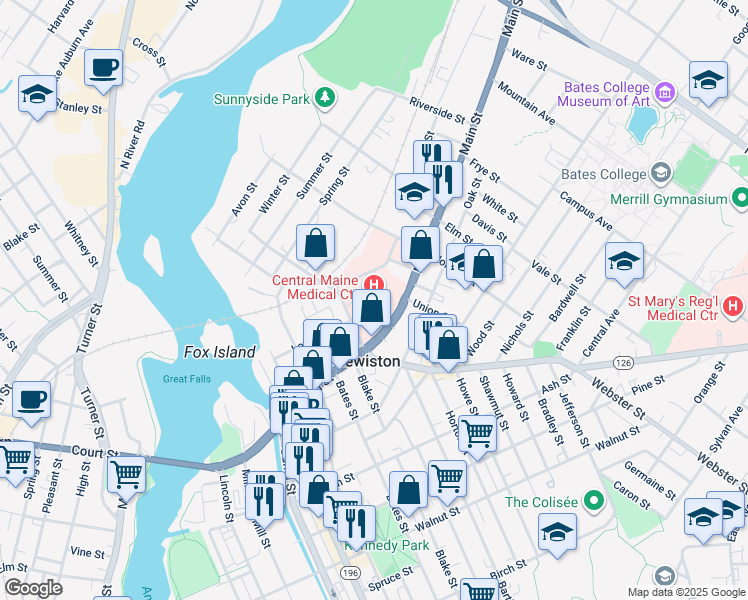 map of restaurants, bars, coffee shops, grocery stores, and more near 300 Main Street in Lewiston