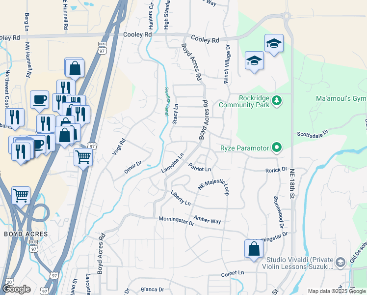 map of restaurants, bars, coffee shops, grocery stores, and more near 63415 Lamoine Lane in Bend