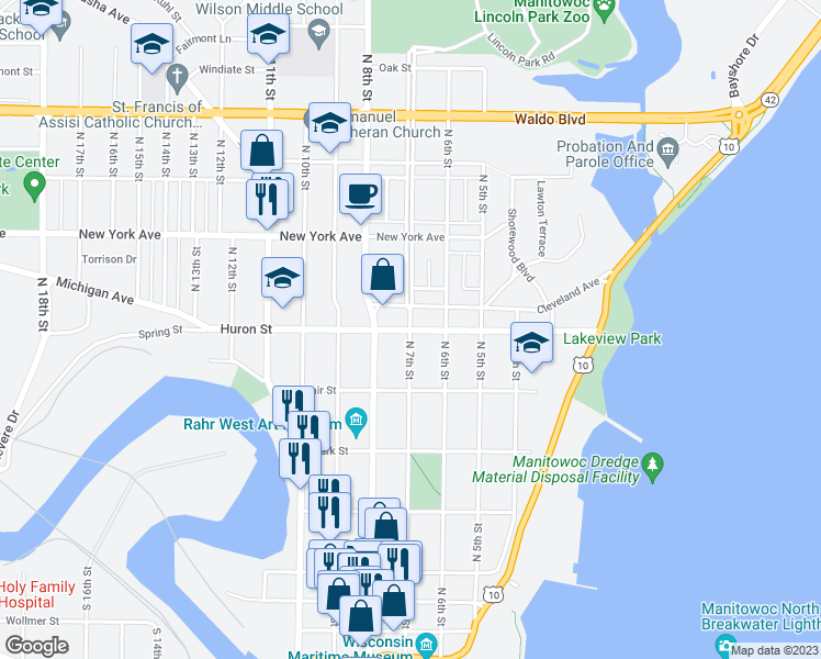 map of restaurants, bars, coffee shops, grocery stores, and more near 699 Huron Street in Manitowoc