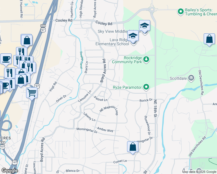 map of restaurants, bars, coffee shops, grocery stores, and more near 63394 Tristar Drive in Bend