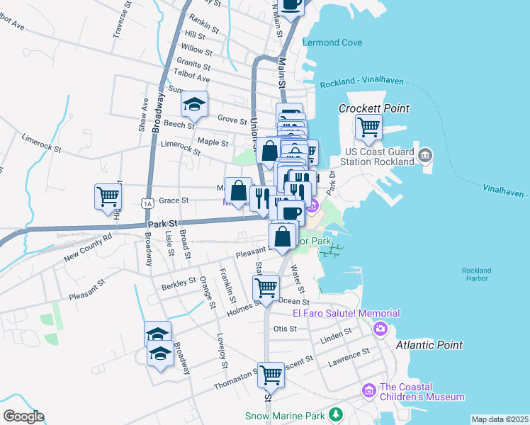 map of restaurants, bars, coffee shops, grocery stores, and more near 12 Union Street in Rockland