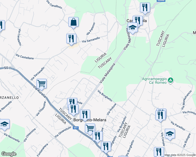 map of restaurants, bars, coffee shops, grocery stores, and more near in Massa and Carrara