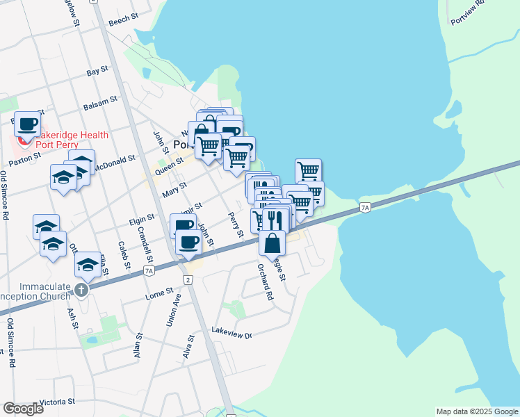 map of restaurants, bars, coffee shops, grocery stores, and more near 28 Water Street in Port Perry