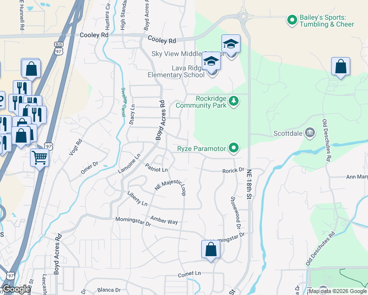 map of restaurants, bars, coffee shops, grocery stores, and more near 63436 Ledgestone Court in Bend