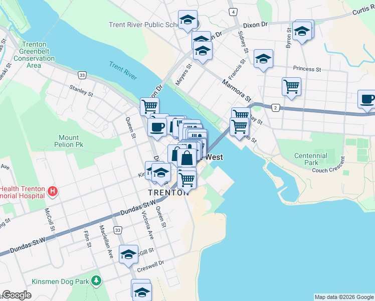 map of restaurants, bars, coffee shops, grocery stores, and more near 46 Front Street in Quinte West
