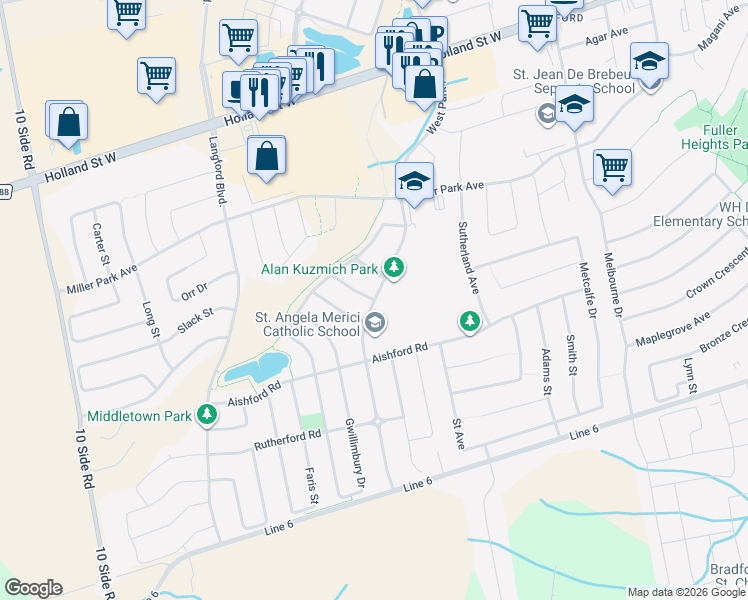 map of restaurants, bars, coffee shops, grocery stores, and more near 146 West Park Avenue in Bradford West Gwillimbury